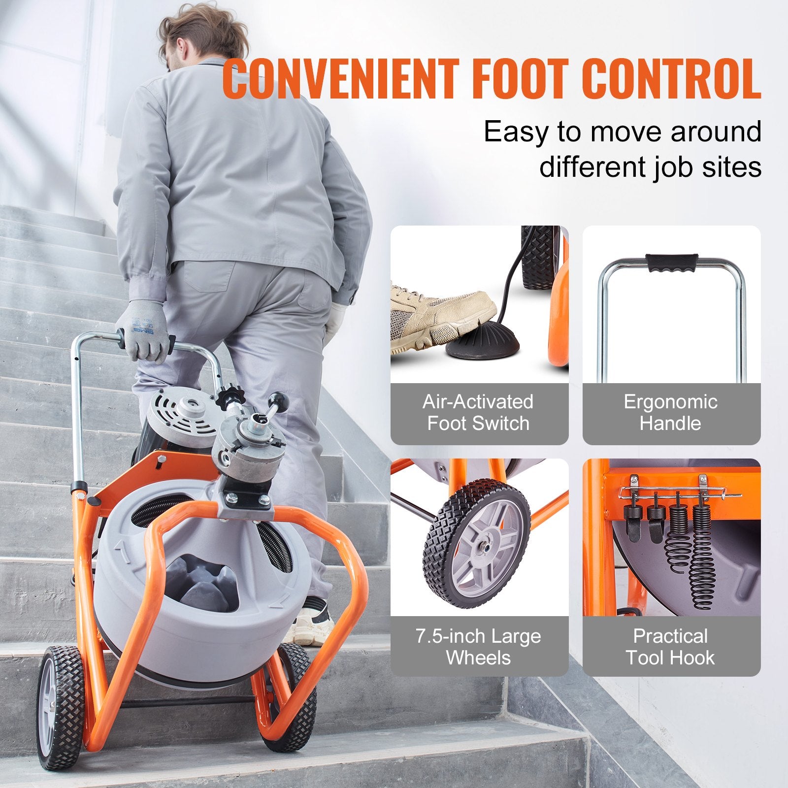 Drain Cleaner Machine 75FT x 3/8 Inch Auto Feed with Wheels & 8 Cutters V952-ZDJJKLSGDSTJ33BNJV3