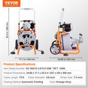 Drain Cleaner Machine 75FT x 3/8 Inch Auto Feed with Wheels & 8 Cutters V952-ZDJJKLSGDSTJ33BNJV3