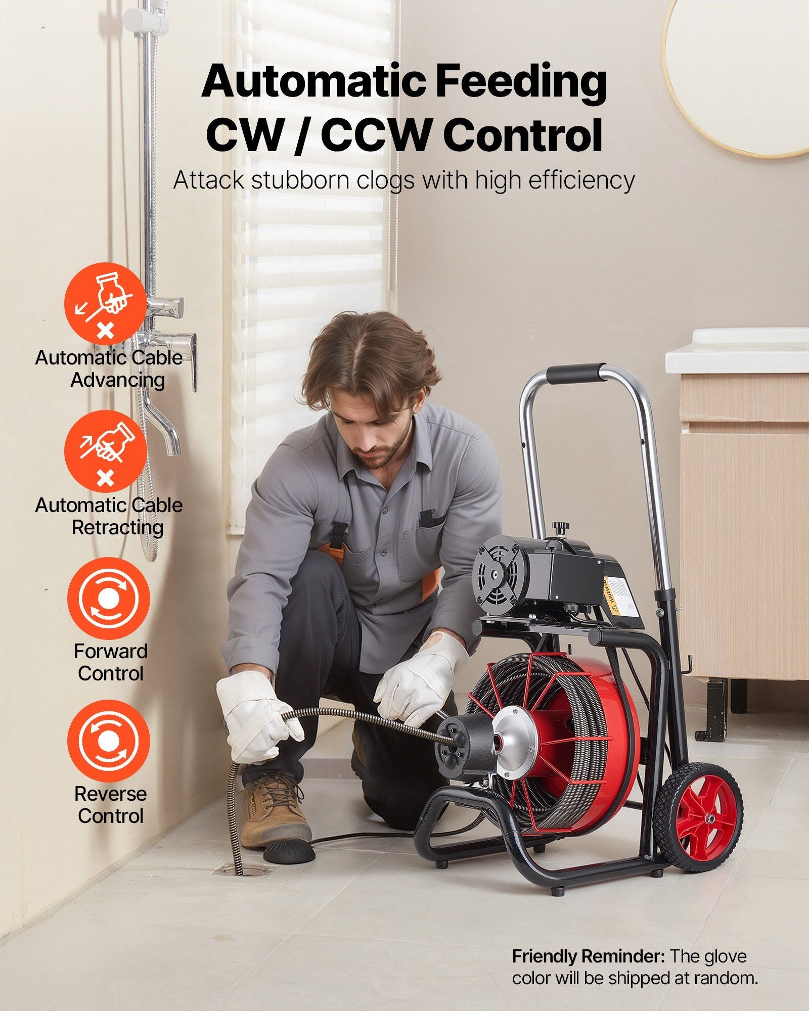 Drain Cleaner Machine 30m x 10.5mm, Auto Feed Sewer Snake Auger on Wheels - with 8 Cutters & Air-Activated V952-ZDJJKLSGDSTJ3PXN5002V3