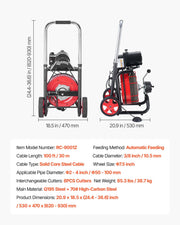 Drain Cleaner Machine 30m x 10.5mm, Auto Feed Sewer Snake Auger on Wheels - with 8 Cutters & Air-Activated V952-ZDJJKLSGDSTJ3PXN5002V3