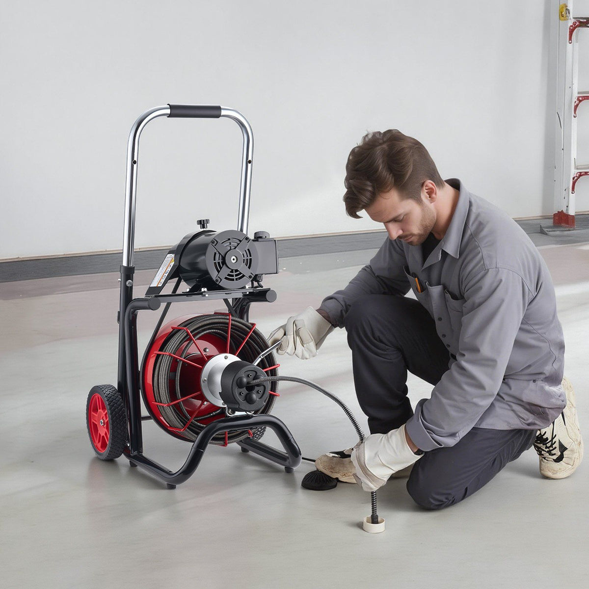 Drain Cleaner Machine 30m x 10.5mm, Auto Feed Sewer Snake Auger on Wheels - with 8 Cutters & Air-Activated V952-ZDJJKLSGDSTJ3PXN5002V3