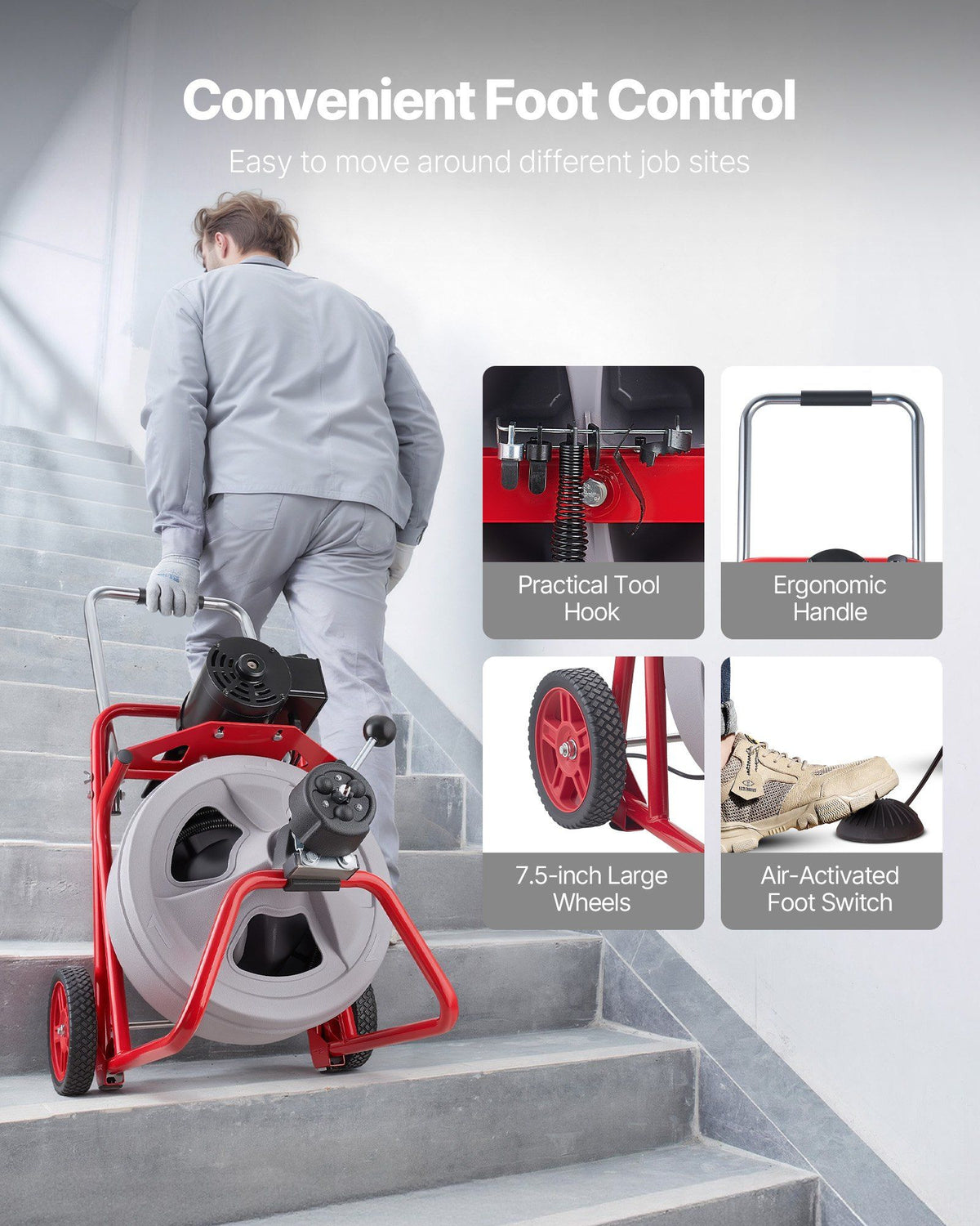 Drain Cleaner Machine 22m x 13mm, Auto Feed Sewer Snake Drain Auger on Wheels, Portable Drain Cleaning V952-ZDJJKLSGDSTJOA12M002V3