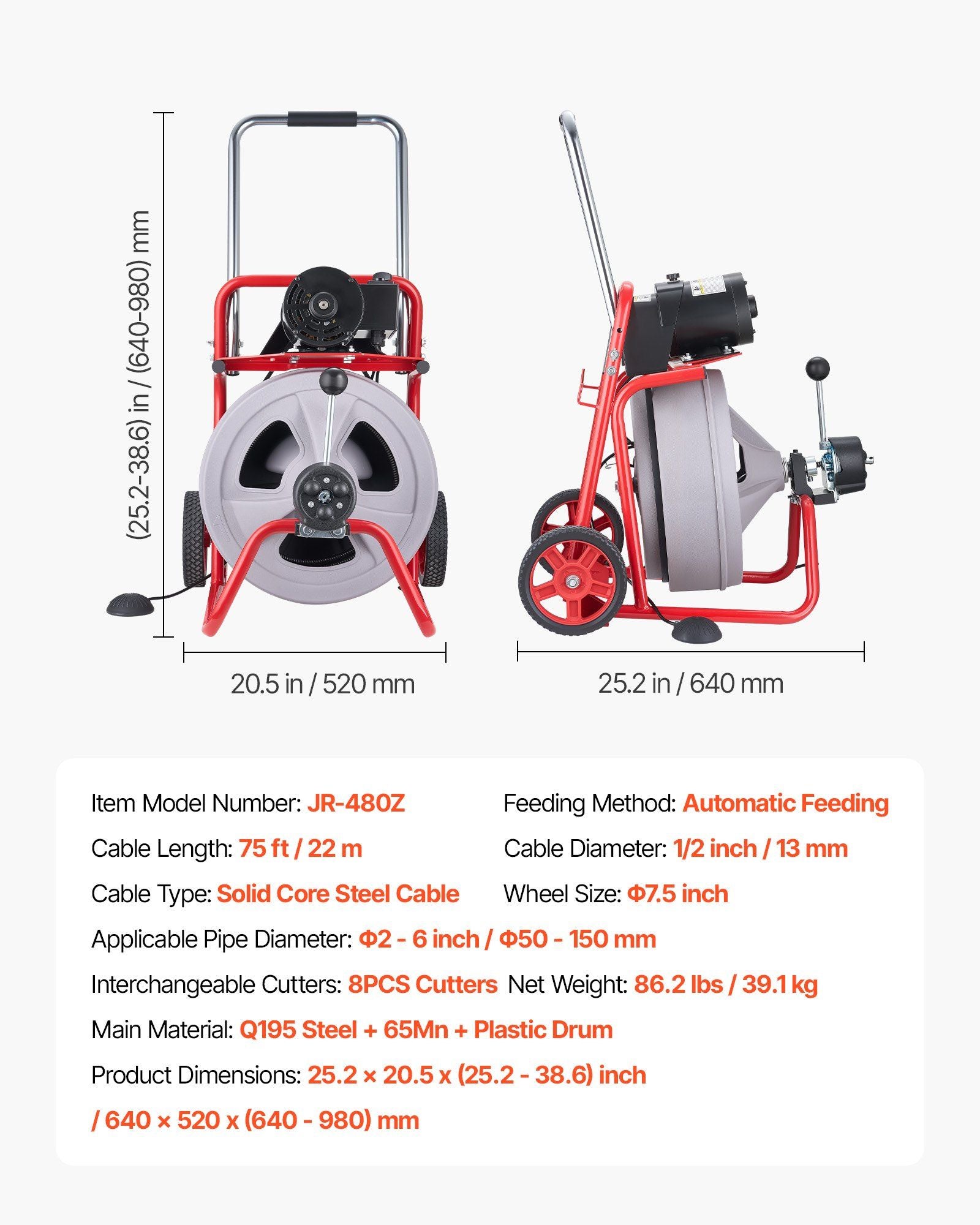 Drain Cleaner Machine 22m x 13mm, Auto Feed Sewer Snake Drain Auger on Wheels, Portable Drain Cleaning V952-ZDJJKLSGDSTJOA12M002V3