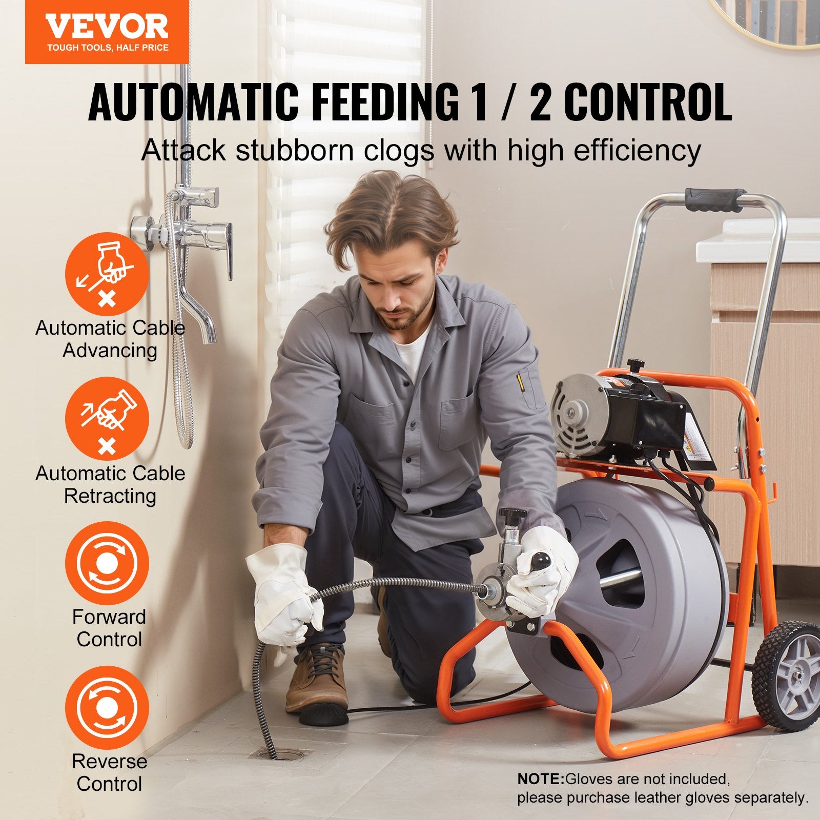 Drain Cleaner Machine 75FT x 1/2 Inch Auto Feed with Wheels & 8 Cutters V952-ZDJJKLSGDSTJOA12MV3