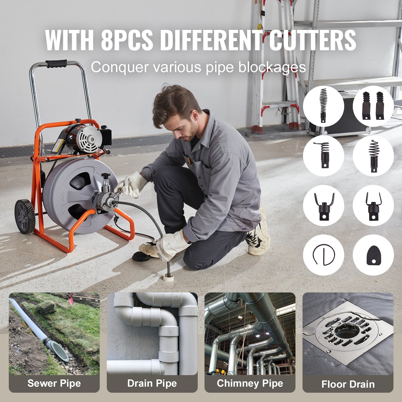 Drain Cleaner Machine 75FT x 1/2 Inch Auto Feed with Wheels & 8 Cutters V952-ZDJJKLSGDSTJOA12MV3