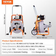 Drain Cleaner Machine 75FT x 1/2 Inch Auto Feed with Wheels & 8 Cutters V952-ZDJJKLSGDSTJOA12MV3