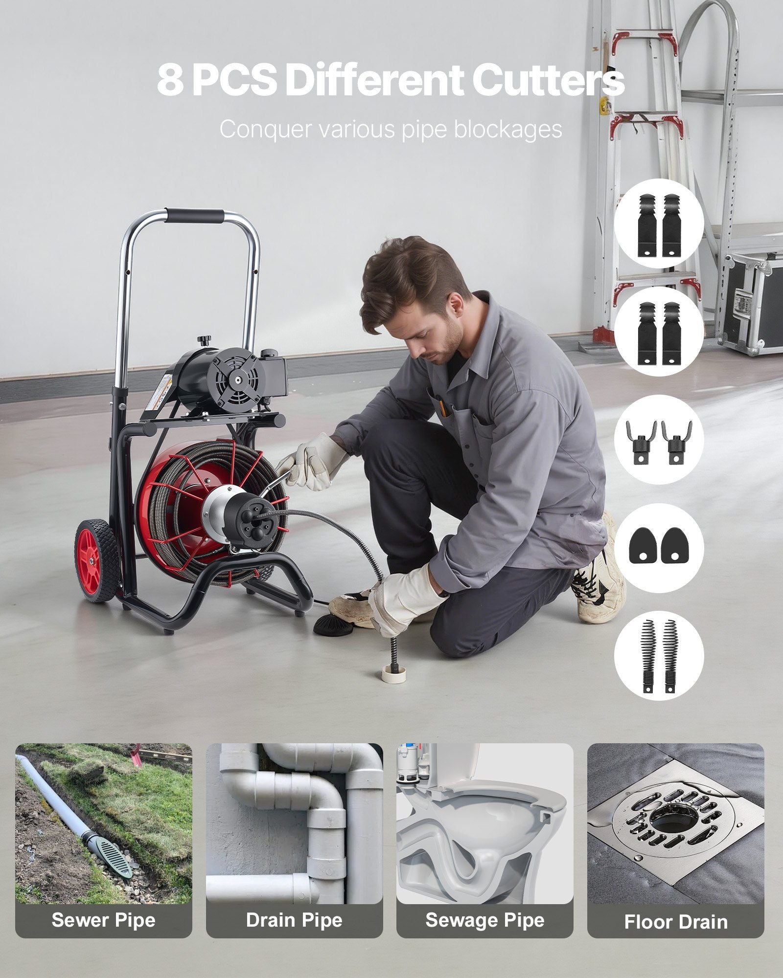 Drain Cleaner Machine 30m x 13mm, Auto Feed Sewer Snake Auger on Wheels - with 8 Cutters & Air-Activated Foot V952-ZDJJKLSGDSTJVBQBO002V3