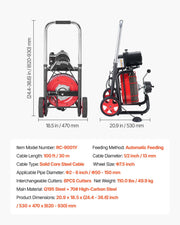 Drain Cleaner Machine 30m x 13mm, Auto Feed Sewer Snake Auger on Wheels - with 8 Cutters & Air-Activated Foot V952-ZDJJKLSGDSTJVBQBO002V3