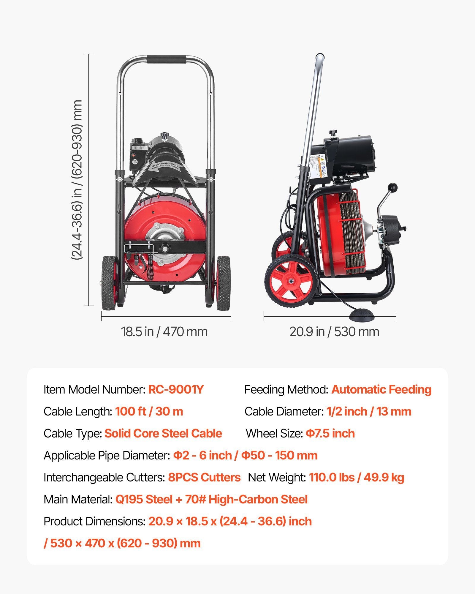 Drain Cleaner Machine 30m x 13mm, Auto Feed Sewer Snake Auger on Wheels - with 8 Cutters & Air-Activated Foot V952-ZDJJKLSGDSTJVBQBO002V3
