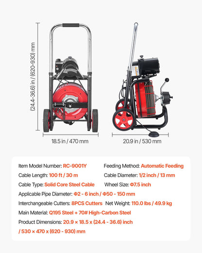 Drain Cleaner Machine 30m x 13mm, Auto Feed Sewer Snake Auger on Wheels - with 8 Cutters & Air-Activated Foot V952-ZDJJKLSGDSTJVBQBO002V3