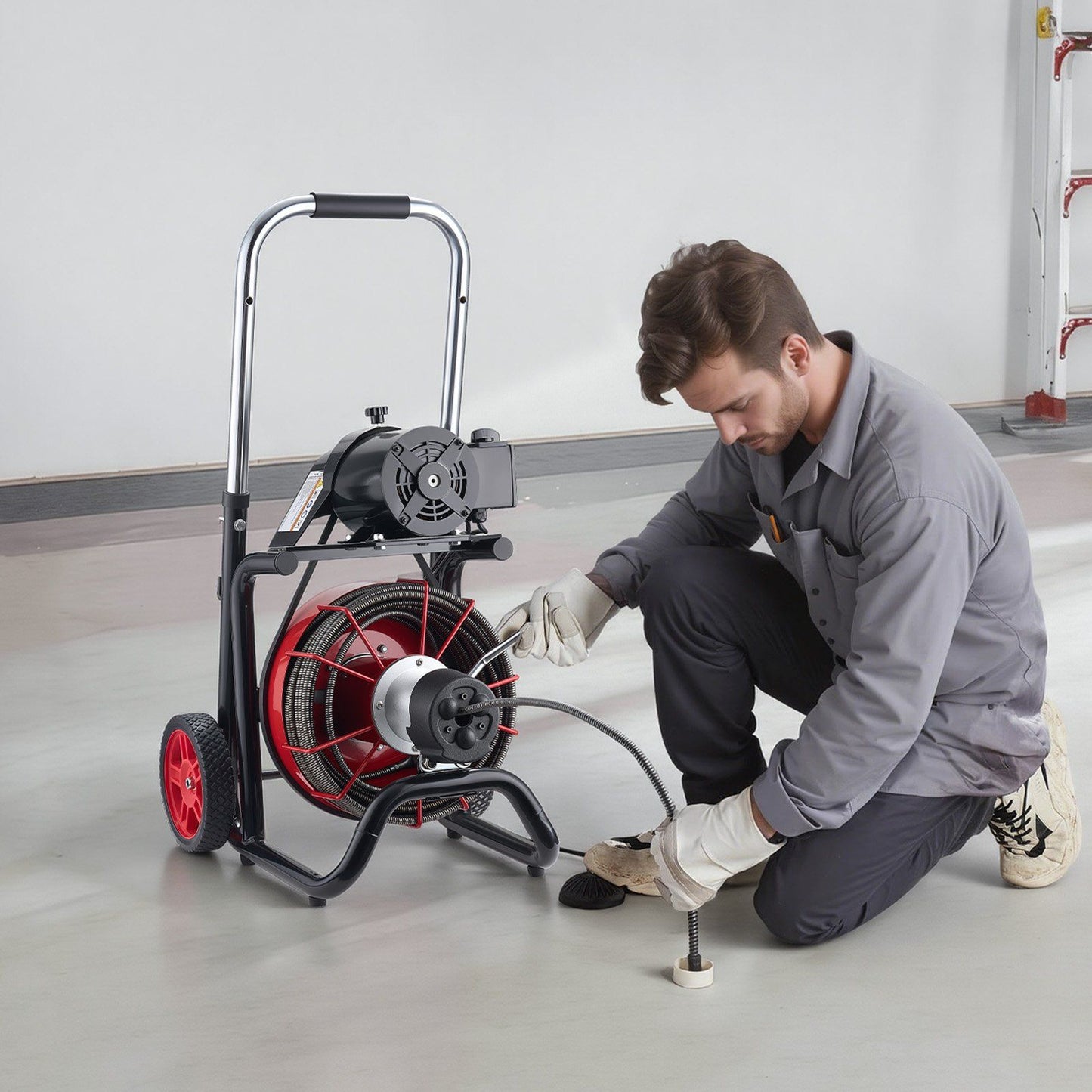 Drain Cleaner Machine 30m x 13mm, Auto Feed Sewer Snake Auger on Wheels - with 8 Cutters & Air-Activated Foot V952-ZDJJKLSGDSTJVBQBO002V3