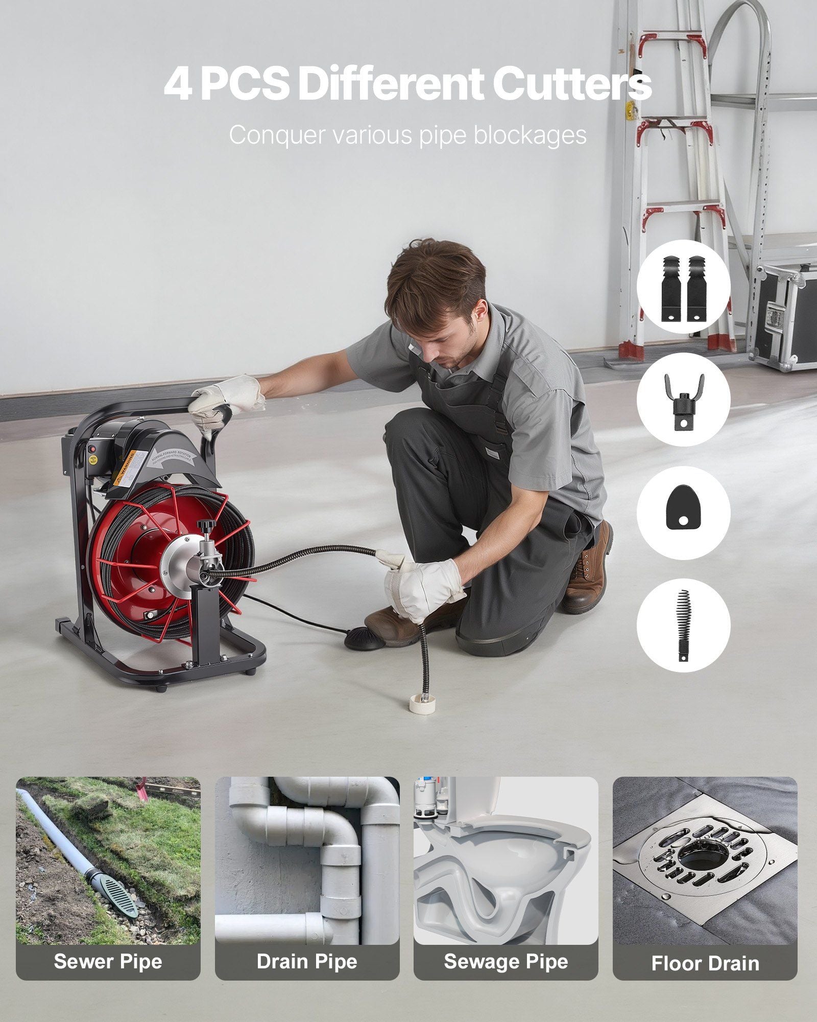 Drain Cleaner Machine 15m x 8mm, Auto Feed Sewer Snake Auger with 4 Cutters & Air-activated Foot Switch for V952-ZDJJKLSGDSTJWYRCQ002V3