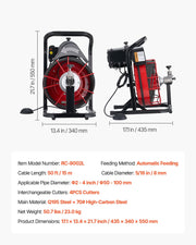 Drain Cleaner Machine 15m x 8mm, Auto Feed Sewer Snake Auger with 4 Cutters & Air-activated Foot Switch for V952-ZDJJKLSGDSTJWYRCQ002V3