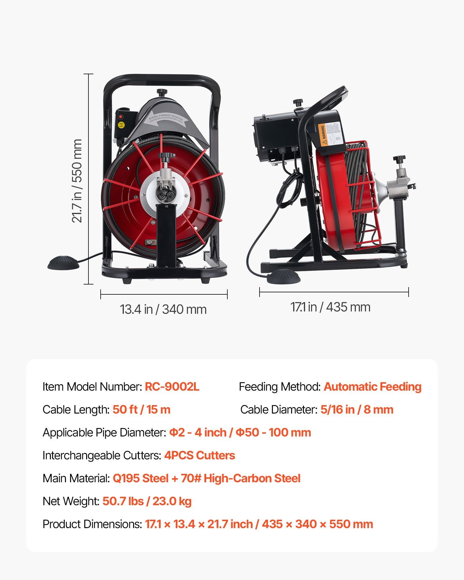 Drain Cleaner Machine 15m x 8mm, Auto Feed Sewer Snake Auger with 4 Cutters & Air-activated Foot Switch for V952-ZDJJKLSGDSTJWYRCQ002V3