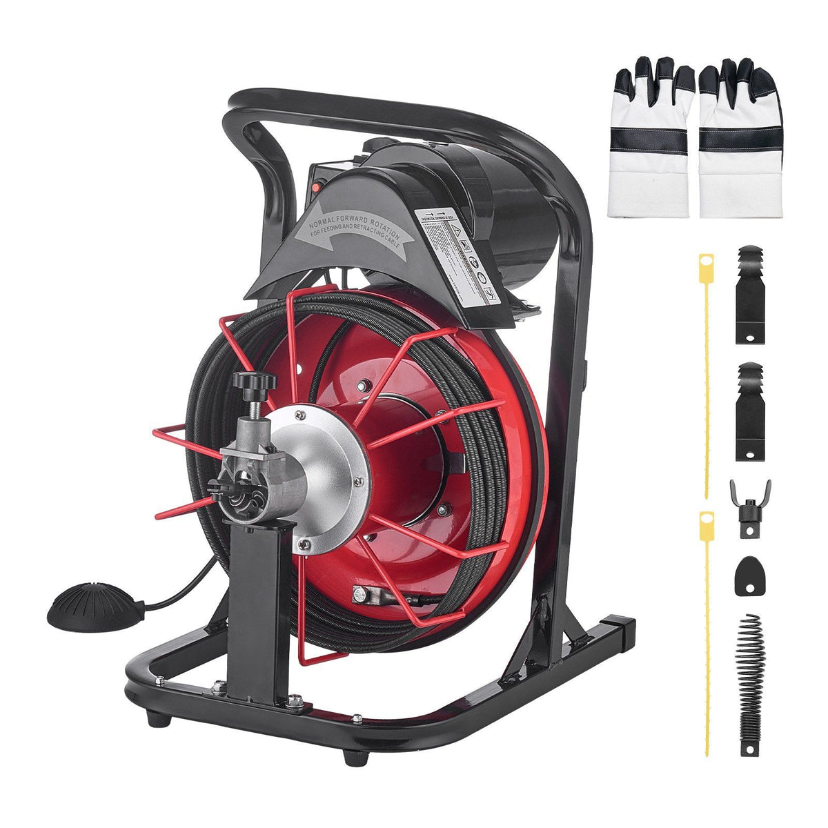 Drain Cleaner Machine 15m x 8mm, Auto Feed Sewer Snake Auger with 4 Cutters & Air-activated Foot Switch for V952-ZDJJKLSGDSTJWYRCQ002V3