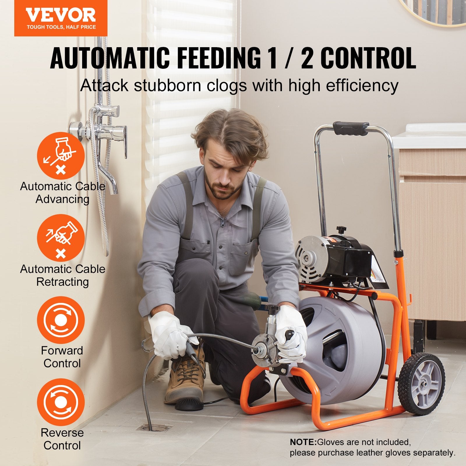 Drain Cleaner Machine 100FT x 3/8 Inch, Auto Feed Sewer Snake Drain Auger on Wheels, Portable Drain Cleaning V952-ZDJJKLSGDSTJXUXC0V3