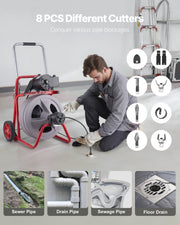 Drain Cleaner Machine 30m x 13mm, Auto Feed Sewer Snake Drain Auger on Wheels, Portable Drain Cleaning V952-ZDJJKLSGDSTJXZPK9002V3