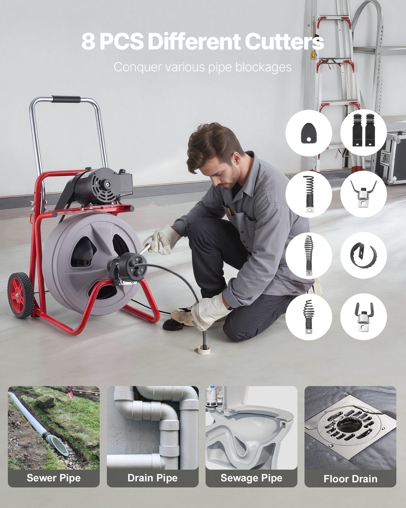 Drain Cleaner Machine 30m x 13mm, Auto Feed Sewer Snake Drain Auger on Wheels, Portable Drain Cleaning V952-ZDJJKLSGDSTJXZPK9002V3