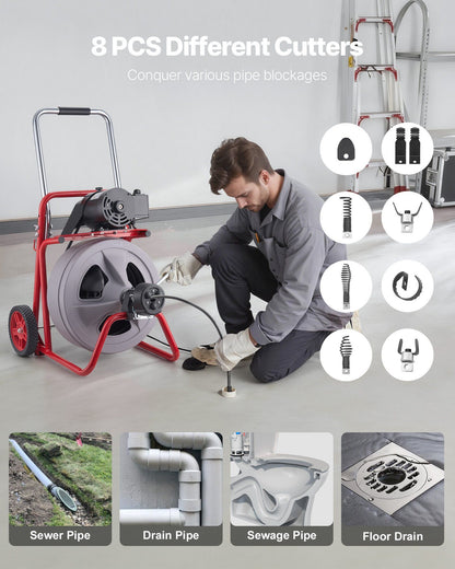 Drain Cleaner Machine 30m x 13mm, Auto Feed Sewer Snake Drain Auger on Wheels, Portable Drain Cleaning V952-ZDJJKLSGDSTJXZPK9002V3