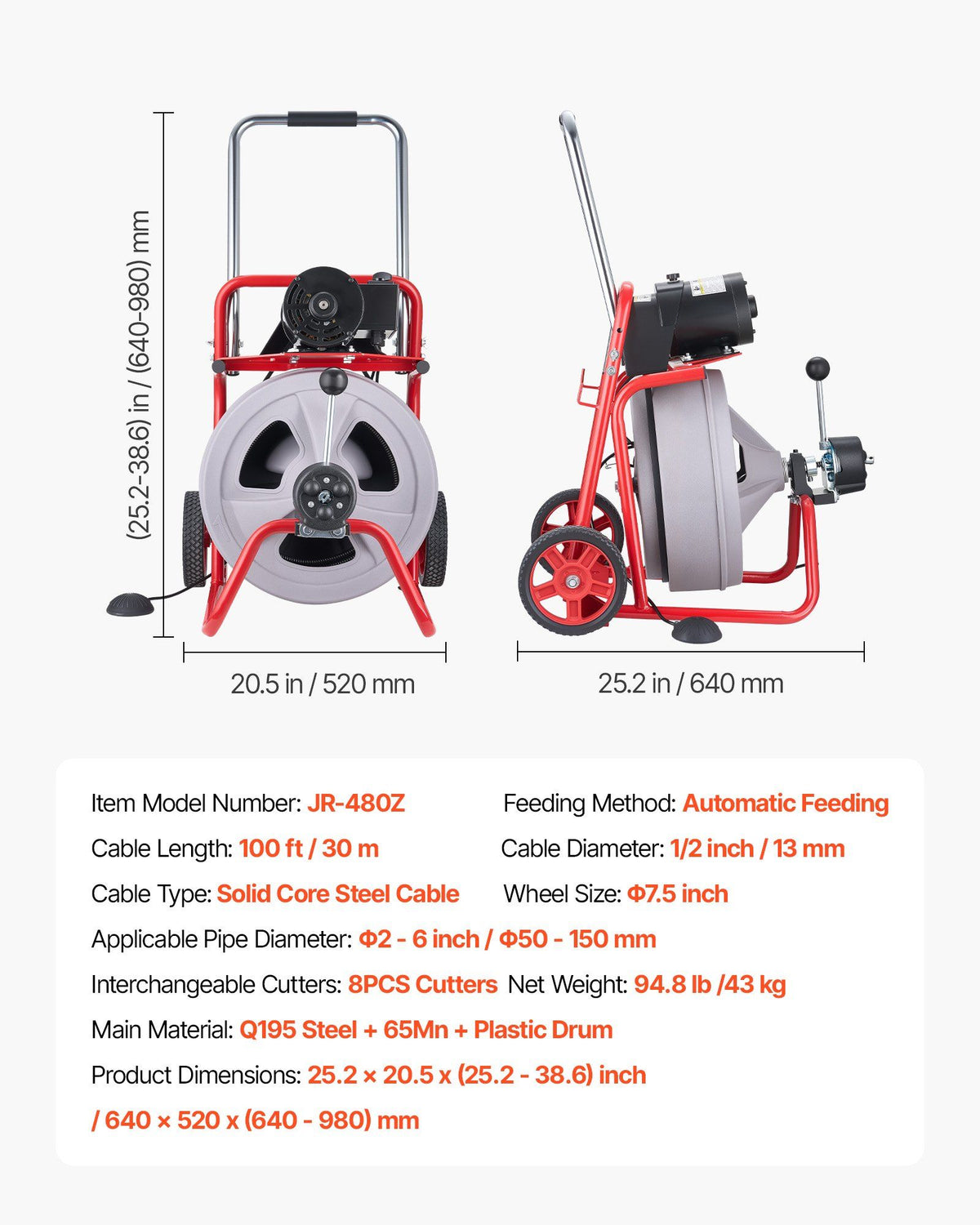 Drain Cleaner Machine 30m x 13mm, Auto Feed Sewer Snake Drain Auger on Wheels, Portable Drain Cleaning V952-ZDJJKLSGDSTJXZPK9002V3