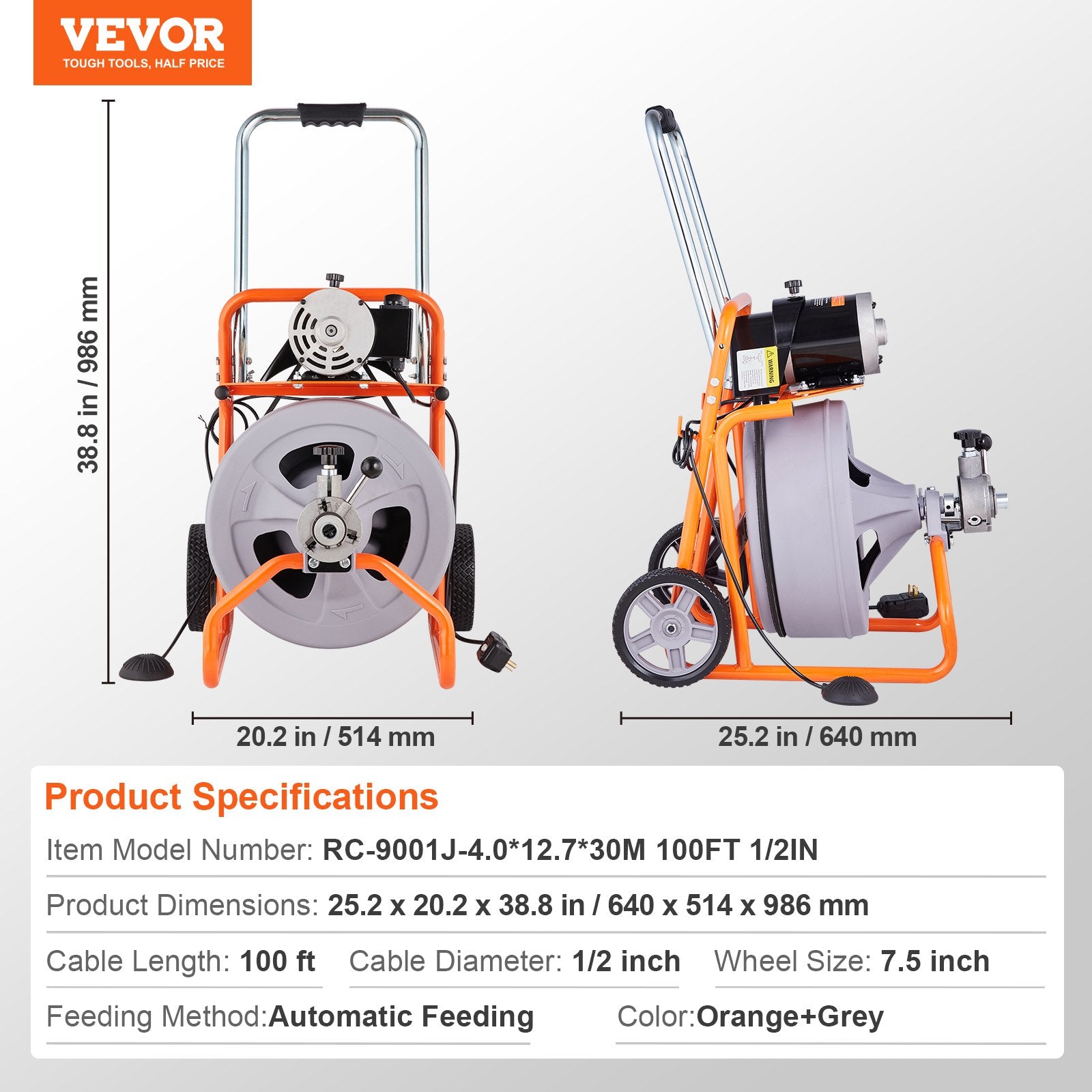 Drain Cleaner Machine 100FT x 1/2 Inch, Auto Feed Sewer Snake Drain Auger on Wheels, Portable Drain Cleaning V952-ZDJJKLSGDSTJXZPK9V3