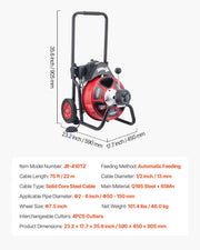 Drain Cleaner Machine 22m x 13mm, Auto Feed Sewer Snake Auger on Wheels, Portable Drain Cleaning Machine with V952-ZDJJKLSGDSTJZ6H35002V3