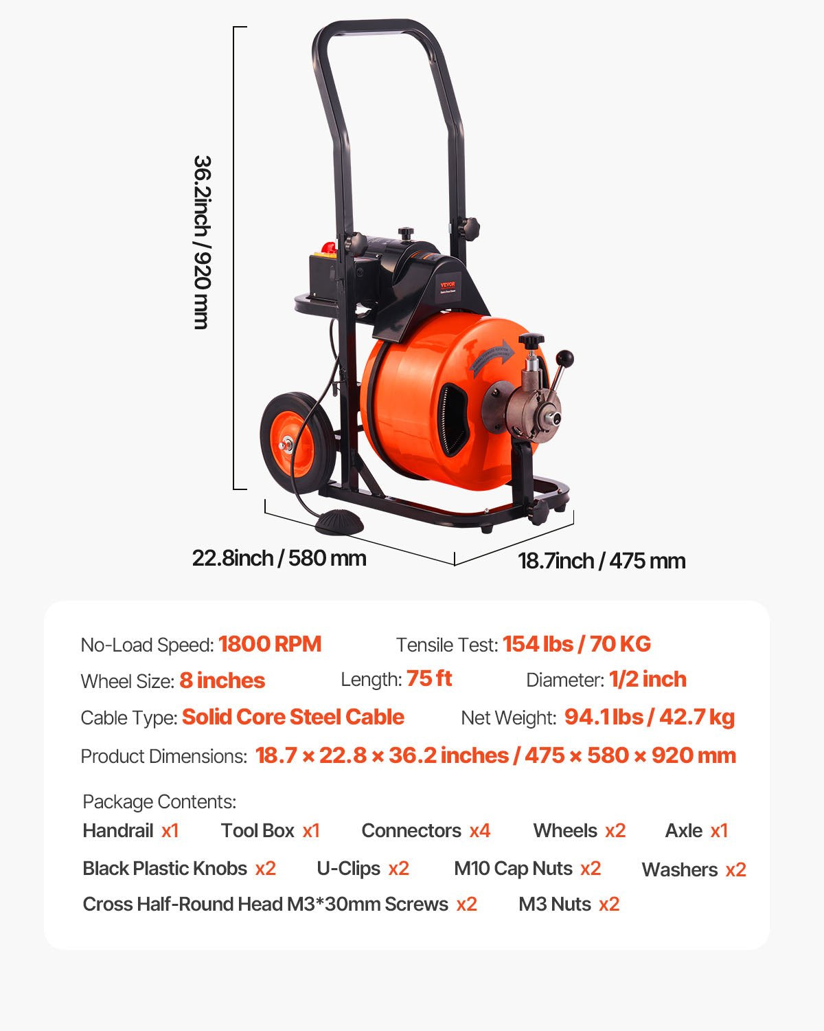 Drain Cleaner Machine 75FT x 1/2Inch, Auto Feed Sewer Snake Auger with 4 Cutter & Air-activated Foot Switch V952-ZDJJKLSGDSTJZ6H35V3