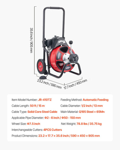 Drain Cleaner Machine 15m x 13mm, Auto Feed Sewer Snake Auger on Wheels, Portable Drain Cleaning Machine with V952-ZDJJKLSGDSTJZCTMF002V3