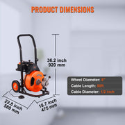 Drain Cleaning Machine 50 FT x 1/2 Inch, Sewer Snake Machine Auto Feed, Drain Auger Cleaner with 4 Cutter & V952-ZDJJKLSGDSTJZCTMFV3