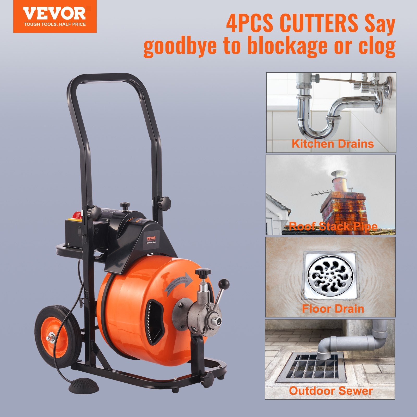 100FT x 1/2Inch Drain Cleaner Machine Sewer Auger Auto Feed with 4 Cutter & Air-Activated Foot Switch for 2" V952-ZDJJKLSGDSTJZGK9AV3