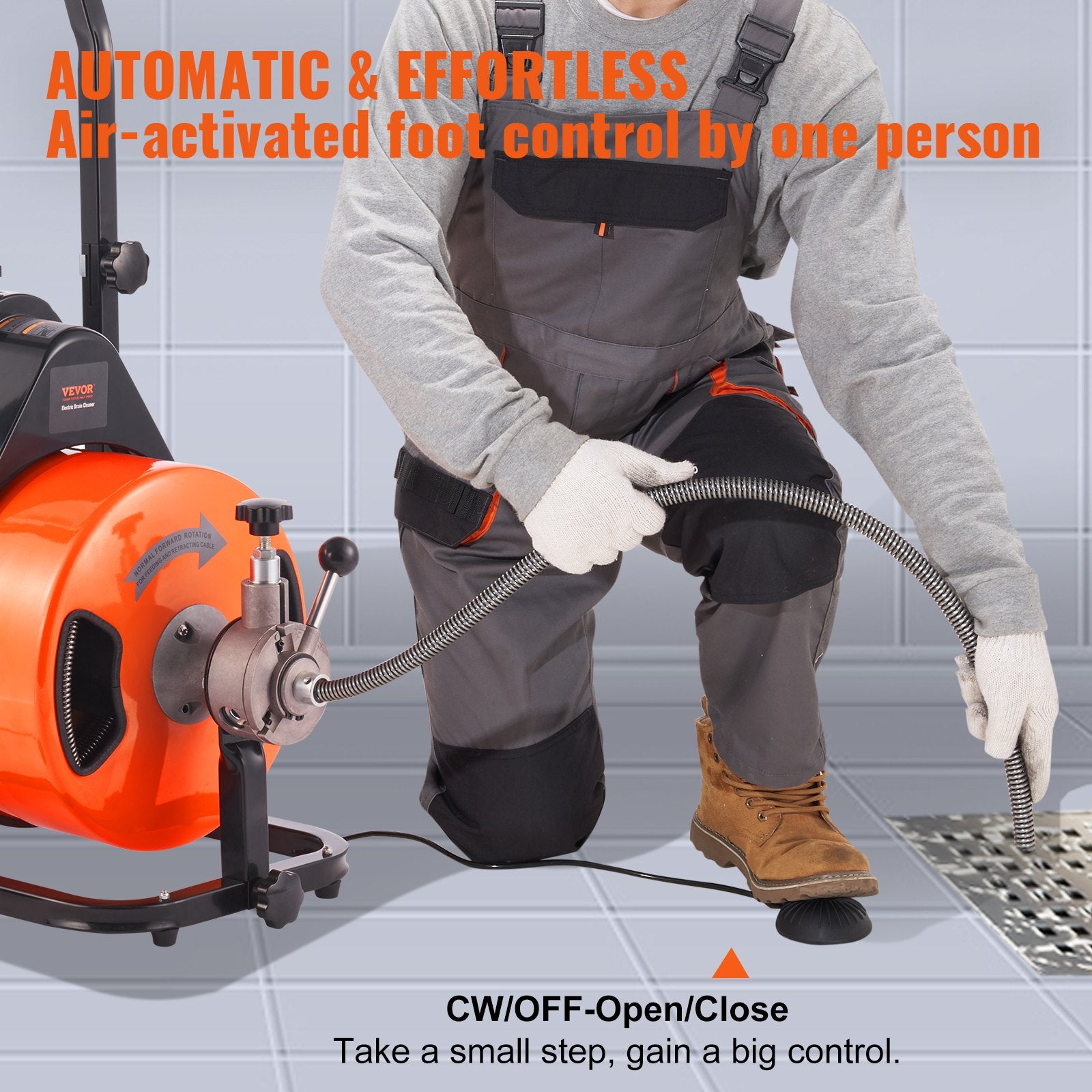 100FT x 1/2Inch Drain Cleaner Machine Sewer Auger Auto Feed with 4 Cutter & Air-Activated Foot Switch for 2" V952-ZDJJKLSGDSTJZGK9AV3