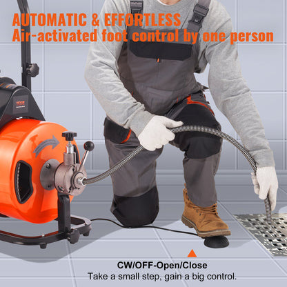 100FT x 1/2Inch Drain Cleaner Machine Sewer Auger Auto Feed with 4 Cutter & Air-Activated Foot Switch for 2" V952-ZDJJKLSGDSTJZGK9AV3