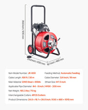 Drain Cleaner Machine 30m x 19mm, Auto Feed Sewer Snake Auger on Wheels, Portable Drain Cleaning Machine with V952-ZDJJKLSGDSTJZL4U4002V3