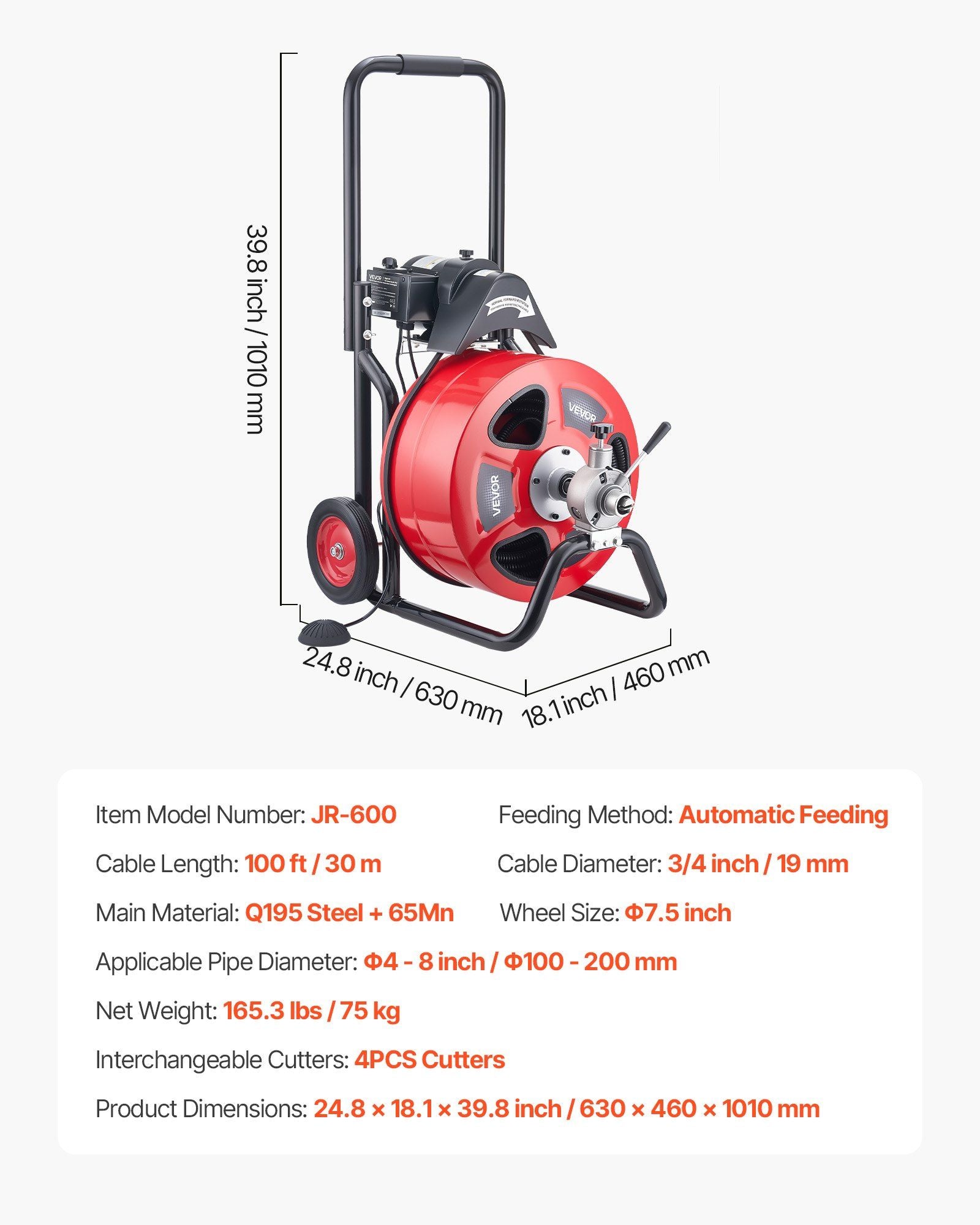 Drain Cleaner Machine 30m x 19mm, Auto Feed Sewer Snake Auger on Wheels, Portable Drain Cleaning Machine with V952-ZDJJKLSGDSTJZL4U4002V3