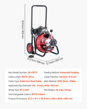 Drain Cleaner Machine 30m x 9.5mm, Auto Feed Sewer Snake Auger on Wheels, Portable Drain Cleaning Machine V952-ZDJJKLSGDSTJZRVU4002V3
