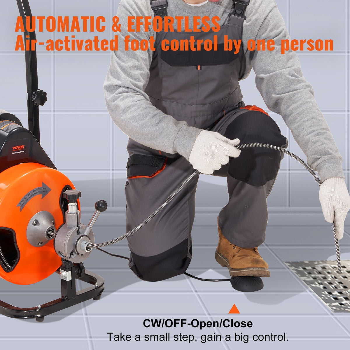 Drain Cleaner Machine 75FT x 3/8Inch, Auto Feed Sewer Snake Auger with 4 Cutter & Air-activated Foot Switch V952-ZDJJKLSGDSTJZXGSSV3