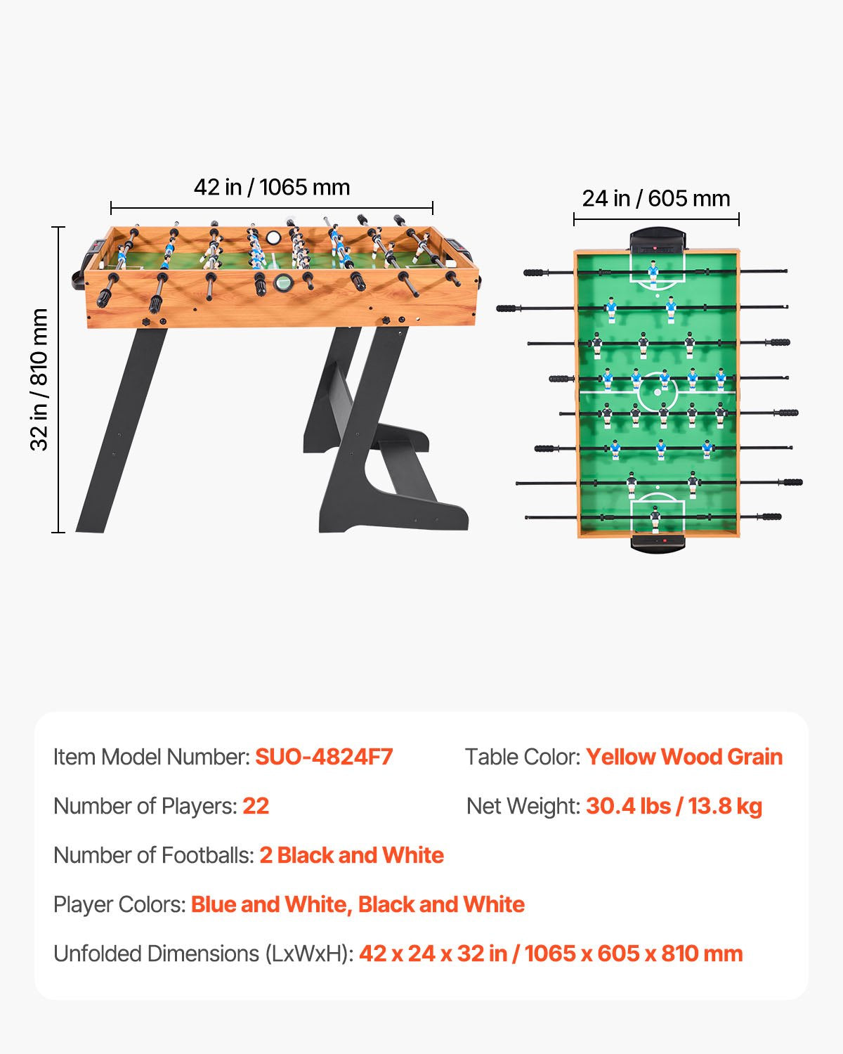 Folding Foosball Table, 106 cm Standard Size Table, Indoor Full Size Foosball Tables for Home, Family, and V952-ZDKZQZ48YCZS83TLN001V0