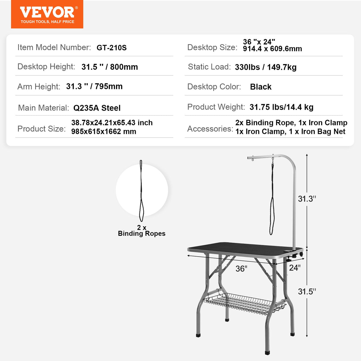 Pet Grooming Table Arm with Clamp, 915 x 610mm Dog Grooming Station, Foldable Pets Grooming Stand for Medium V952-ZDMRZ36INCH0NADPDV0