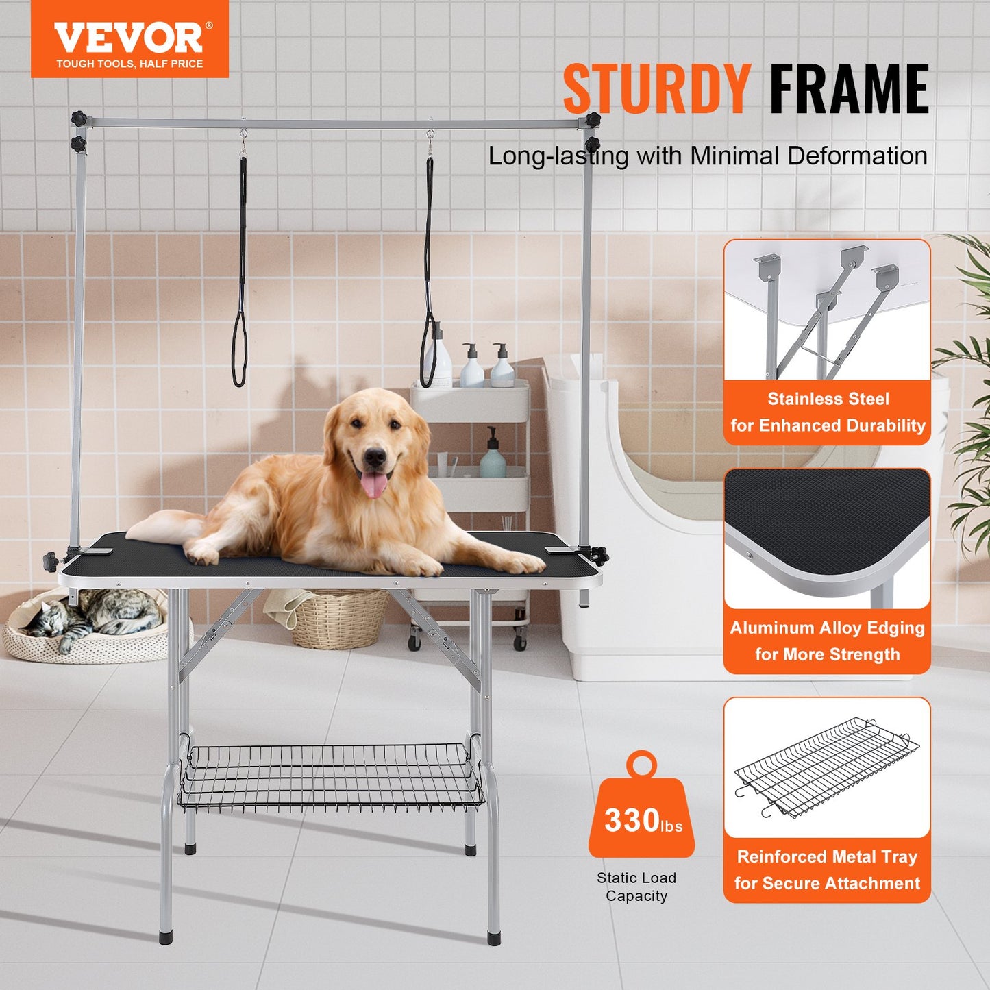 Pet Grooming Table Two Arms with Clamp, 117cm Dog Grooming Station, Foldable Pets Grooming Stand for Medium V952-ZDMRZ46INCH0I6658V0