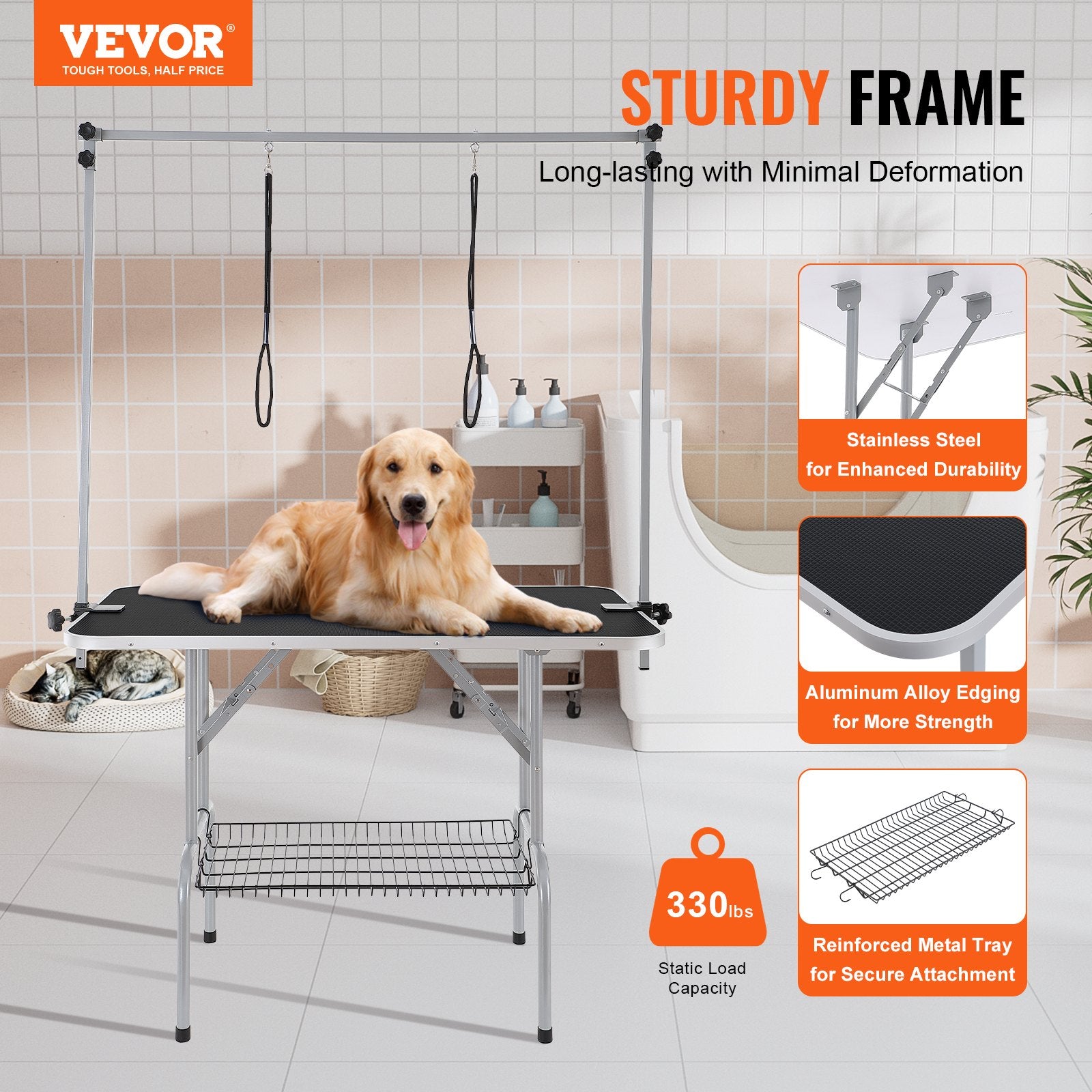 Pet Grooming Table Two Arms with Clamp, 117cm Dog Grooming Station, Foldable Pets Grooming Stand for Medium V952-ZDMRZ46INCH0I6658V0