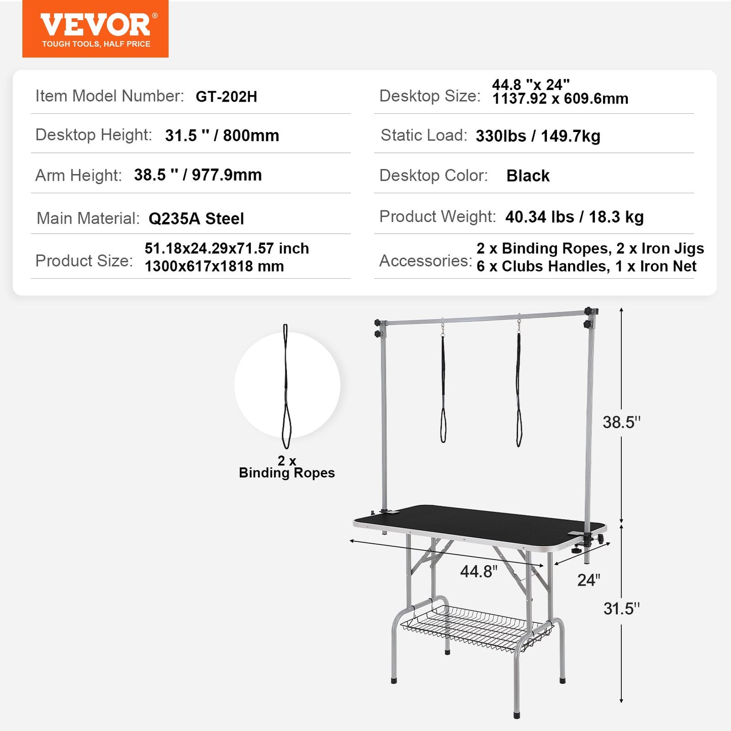 Pet Grooming Table Two Arms with Clamp, 117cm Dog Grooming Station, Foldable Pets Grooming Stand for Medium V952-ZDMRZ46INCH0I6658V0