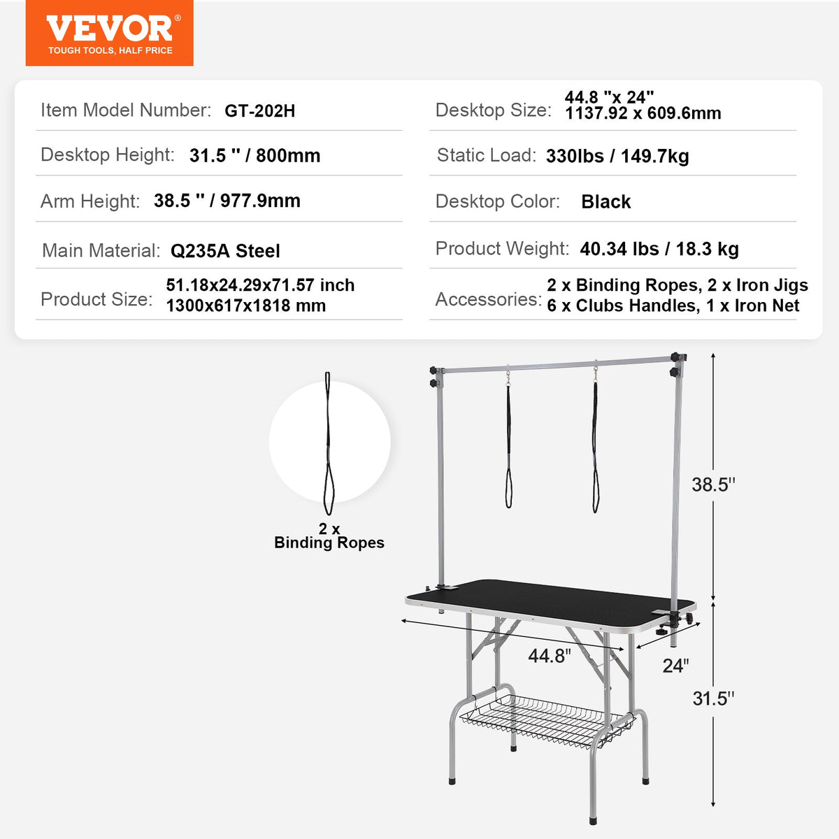 Pet Grooming Table Two Arms with Clamp, 117cm Dog Grooming Station, Foldable Pets Grooming Stand for Medium V952-ZDMRZ46INCH0I6658V0