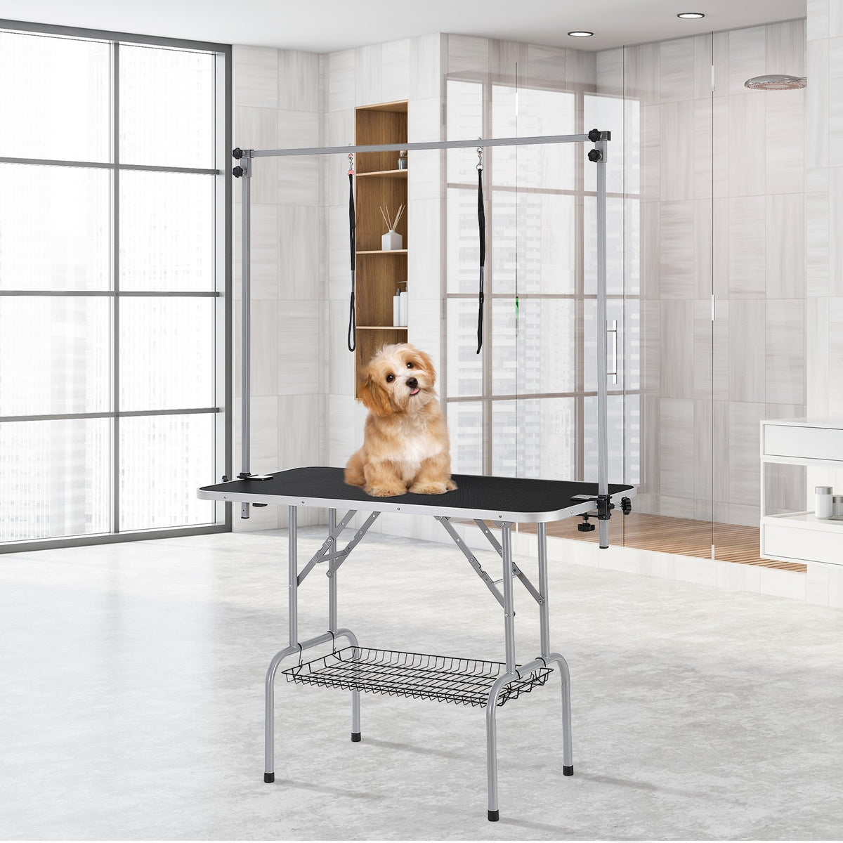 Pet Grooming Table Two Arms with Clamp, 117cm Dog Grooming Station, Foldable Pets Grooming Stand for Medium V952-ZDMRZ46INCH0I6658V0