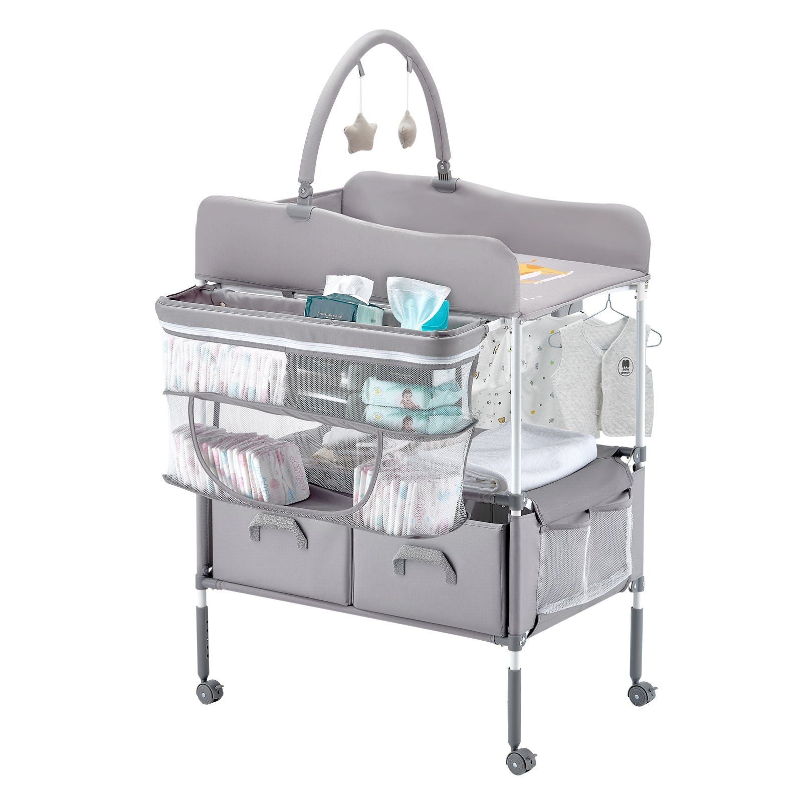 Baby Changing Table, Foldable Diaper Change Station with 2 Fabric Drawers, Side Basket & Hanging Rod, V952-ZDNBTQHSHXWD5L2KV001V0