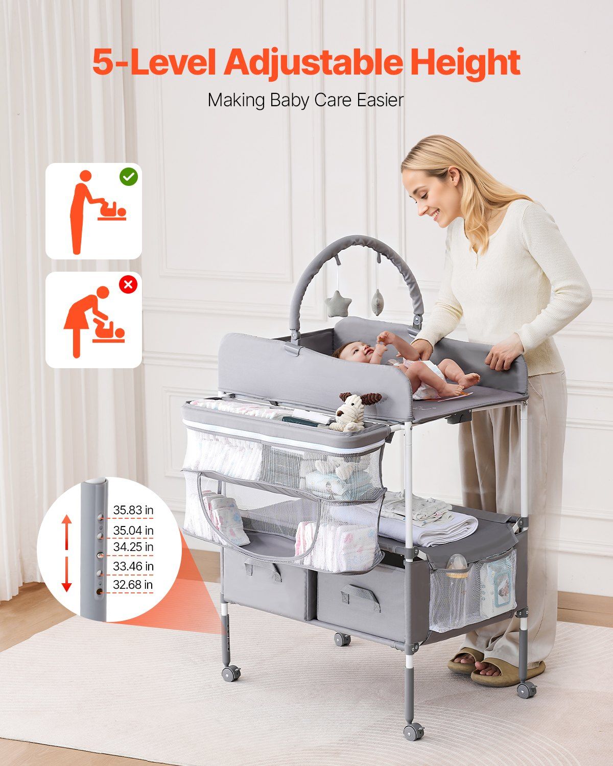 Baby Changing Table, Foldable Diaper Change Station with 2 Fabric Drawers, Side Basket & Hanging Rod, V952-ZDNBTQHSHXWD5L2KV001V0