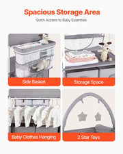 Baby Changing Table, Foldable Diaper Change Station with 2 Fabric Drawers, Side Basket & Hanging Rod, V952-ZDNBTQHSHXWD5L2KV001V0