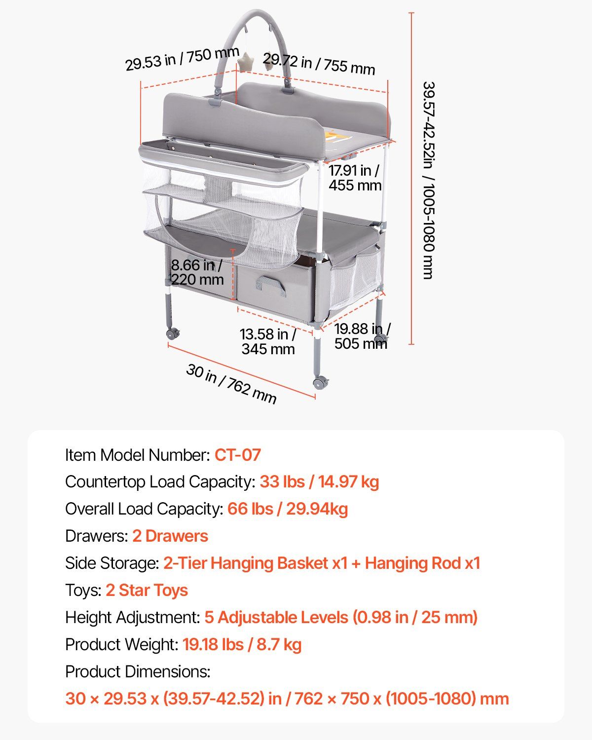 Baby Changing Table, Foldable Diaper Change Station with 2 Fabric Drawers, Side Basket & Hanging Rod, V952-ZDNBTQHSHXWD5L2KV001V0