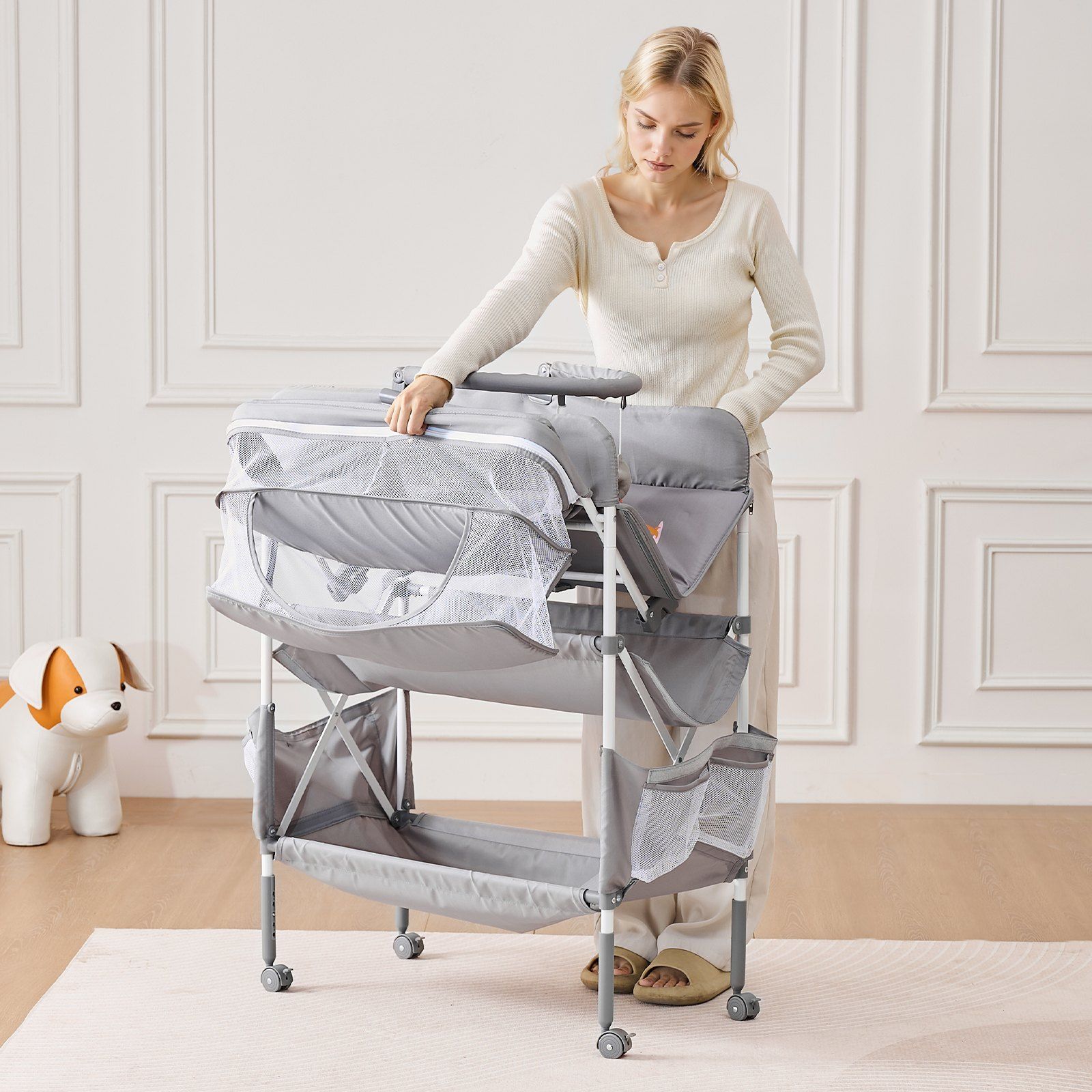 Baby Changing Table, Foldable Diaper Change Station with 2 Fabric Drawers, Side Basket & Hanging Rod, V952-ZDNBTQHSHXWD5L2KV001V0