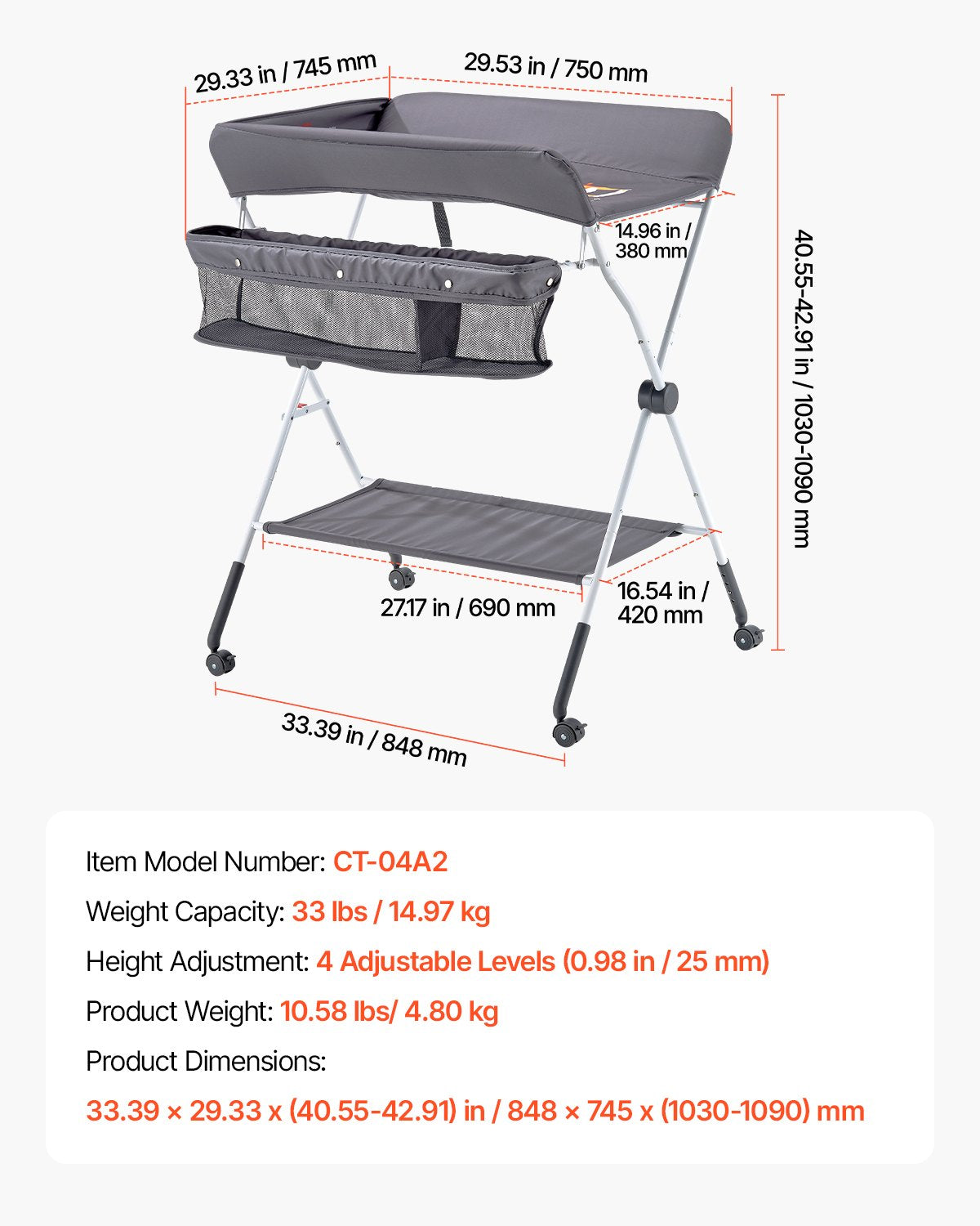 Baby Changing Table, Foldable Diaper Change Station with Side Basket, Adjustable Height Portable Changing V952-ZDNBTSHSXXSD4UOQF001V0