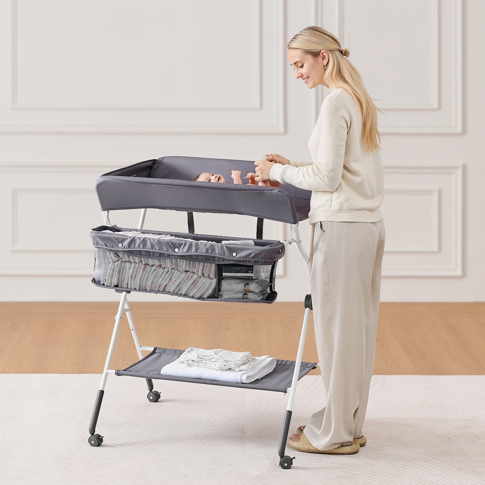 Baby Changing Table, Foldable Diaper Change Station with Side Basket, Adjustable Height Portable Changing V952-ZDNBTSHSXXSD4UOQF001V0